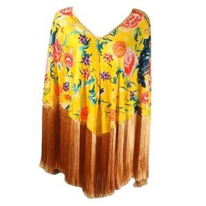 Ursime Nouveau Fringe Yellow Floral Poncho Top SZ L